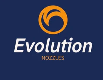 Evolution Nozzels Logo with blue blackground, yellow and white text, and yellow icon