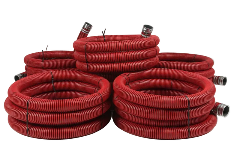 Load image into Gallery viewer, red black sewer pumper truck hose with male female fittings installed assembly
